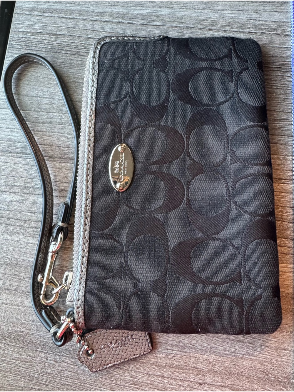 Coach Black Smoke Signature Canvas Corner Zip
Wristlet (Style F64643)